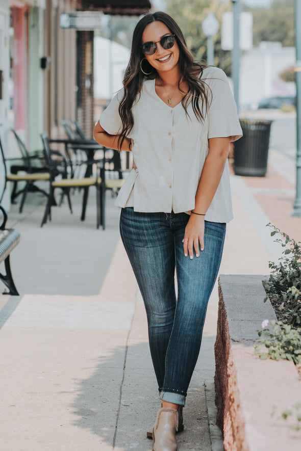 Taupe Button Down Embroidered Blouse