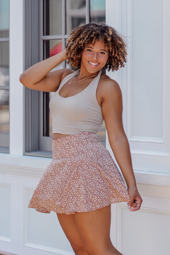 Tan & Ivory Floral Mini Skirt