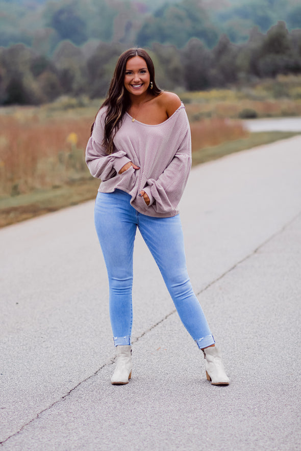 Dusty Taupe Ribbed Knit Hoodie Top