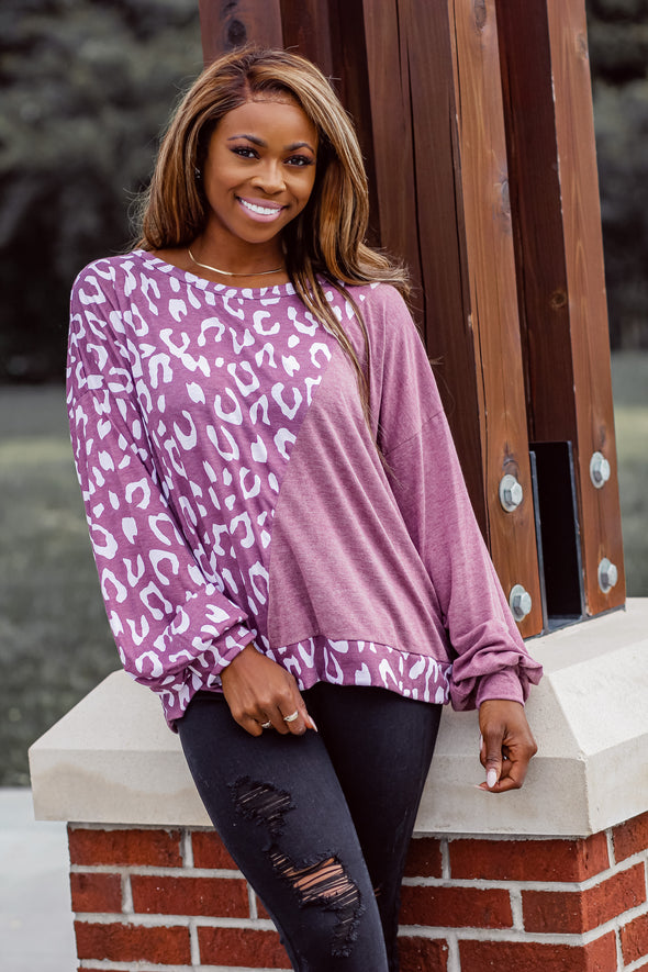 Sangria & Ivory Leopard Color Block Long Sleeve Top