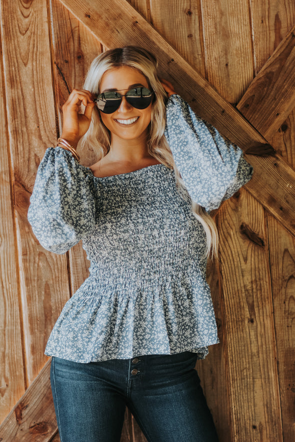 Dusty Blue Ditsy Floral Smocked Top