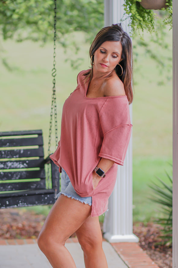 Rose V Neck Jersey Knit Short Sleeve Top