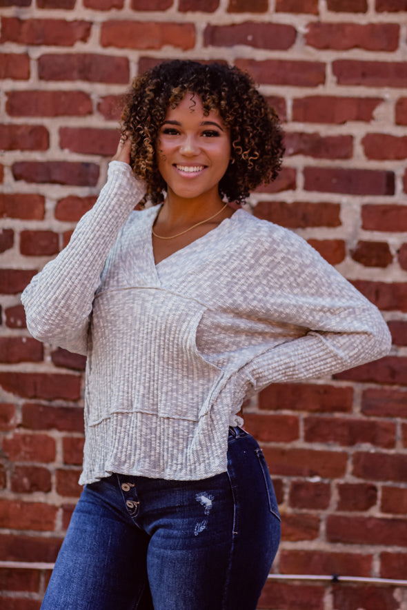 Heather Grey Front Pocket V Neck Sweater Top