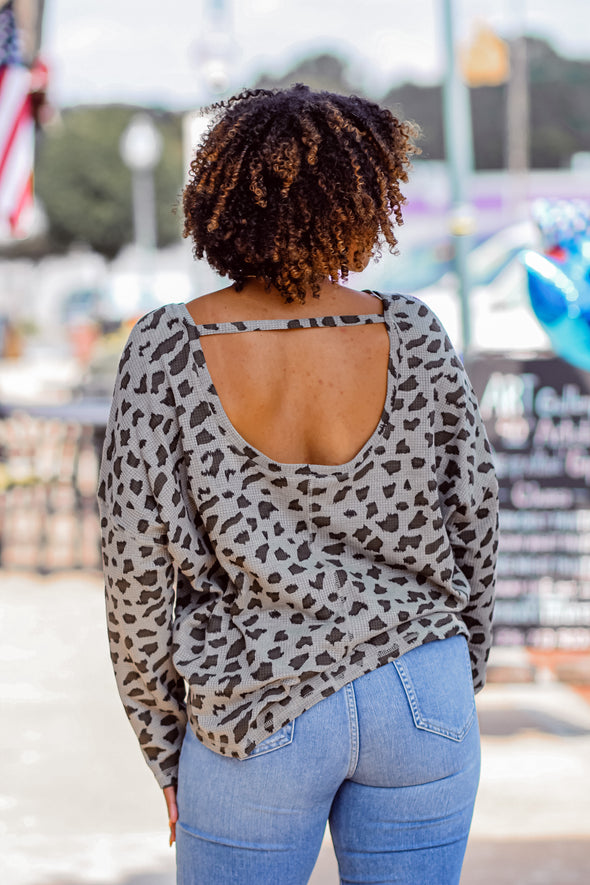 Olive Leopard Thermal Knit Dolman Sleeve Top