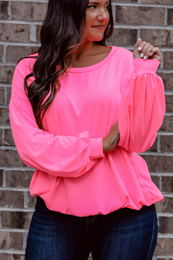 Neon Pink French Terry Knit Long Sleeve Top