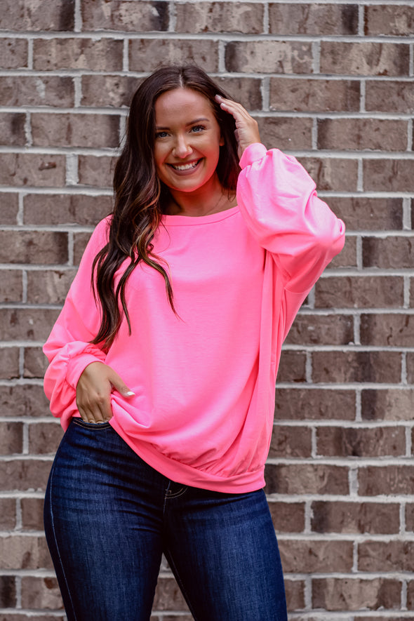Neon Pink French Terry Knit Long Sleeve Top