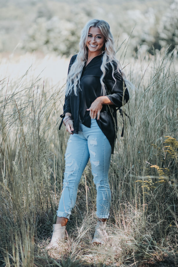 Black Tie Sleeve Button Down Blouse