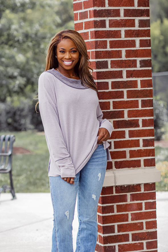 Dusty Lavender Button Detail Boat Neck Top In Regular & Curvy