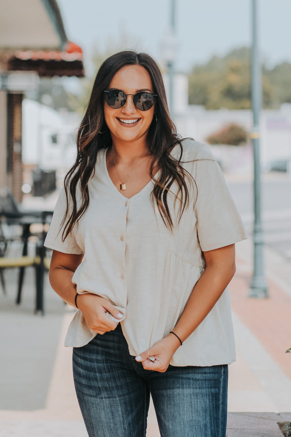 Taupe Button Down Embroidered Blouse