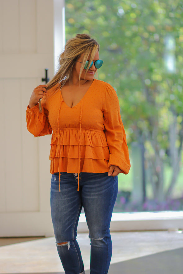 Orange Swiss Dot Tiered Blouse