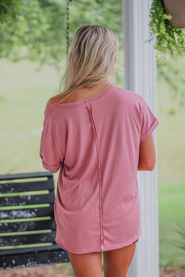 Rose Cuffed Sleeve V Neck Short Sleeve Top