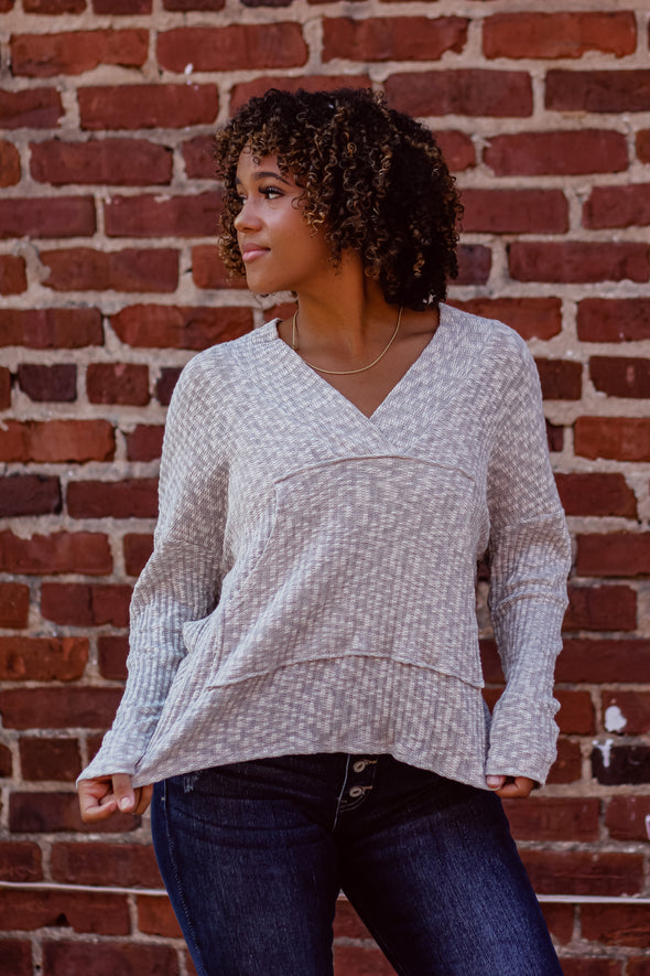 Heather Grey Front Pocket V Neck Sweater Top