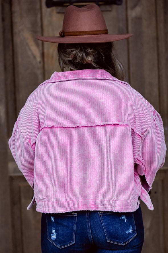 Hot Pink Corduroy Raw Hem Cropped Jacket