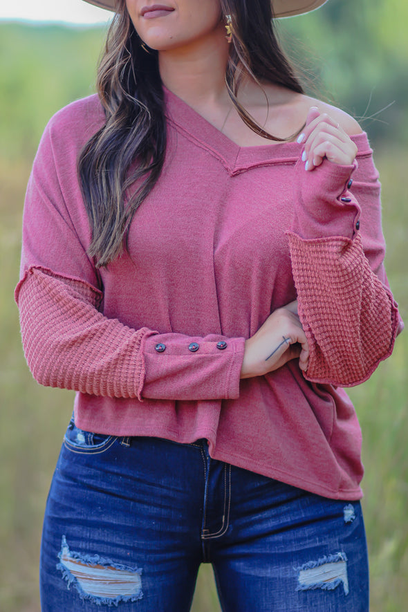 Marsala Waffle Knit Contrast V Neck Top