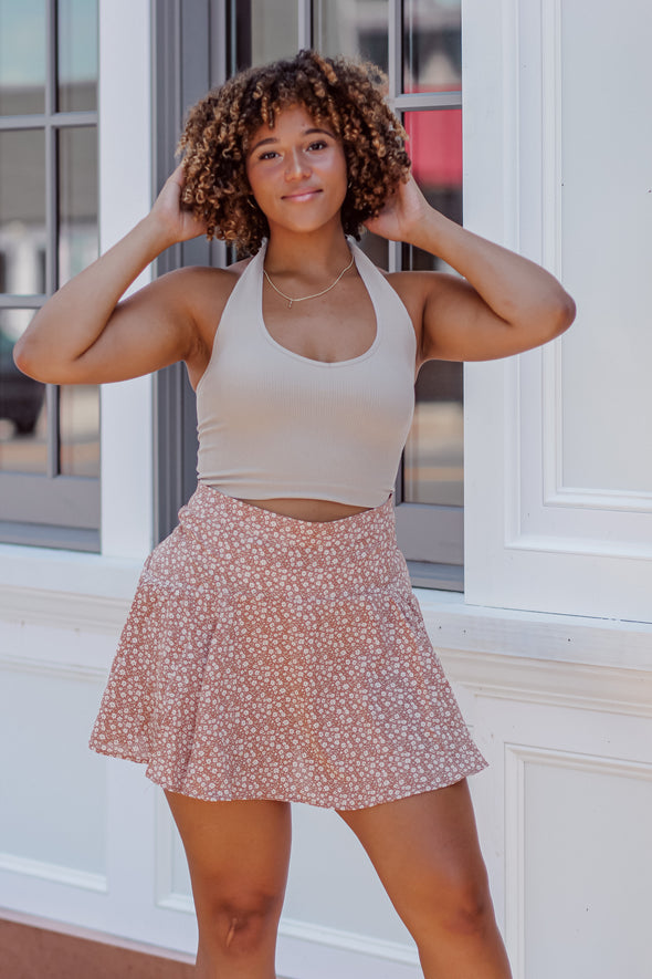 Tan & Ivory Floral Mini Skirt