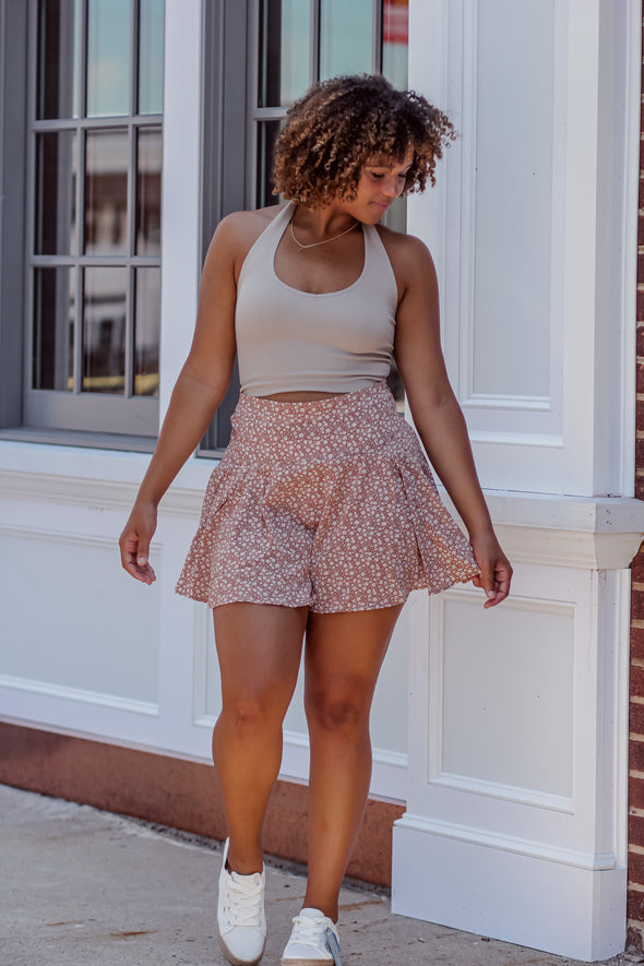 Tan & Ivory Floral Mini Skirt