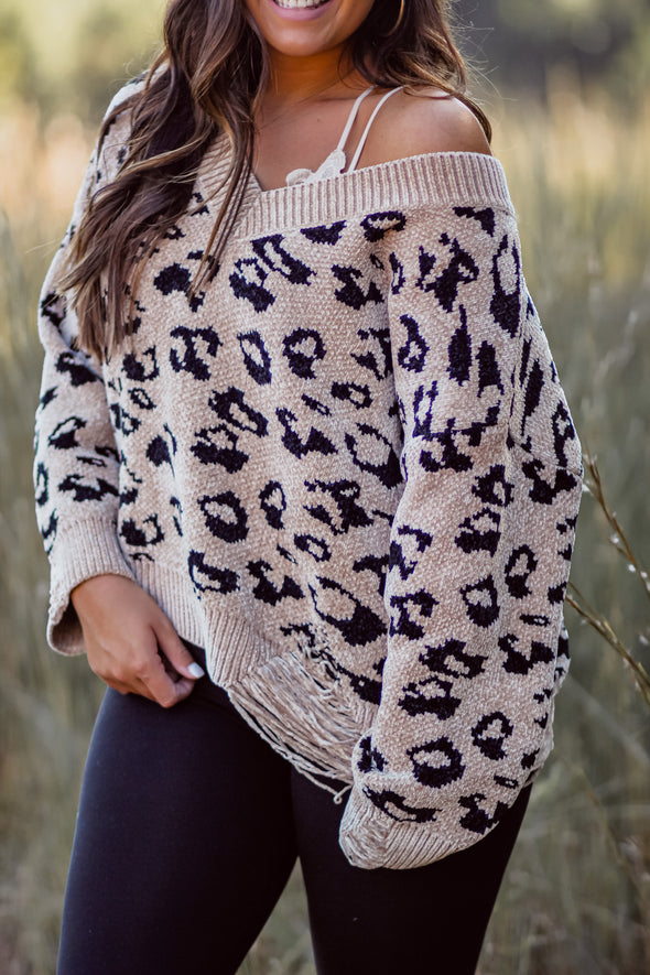 Tan Leopard Chenille Knit Distressed Sweater