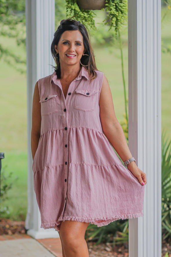 Washed Mauve Button Down Tiered Mini Dress in Regular & Curvy