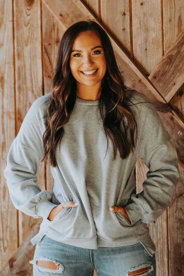 Heather Grey Bubble Sleeve Side Pocket Pullover In Regular & Curvy