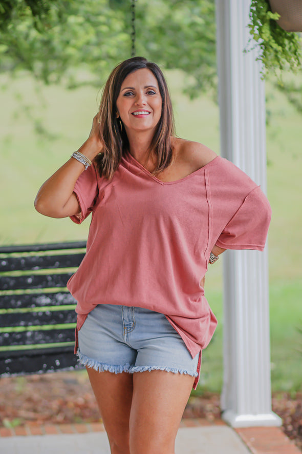 Rose V Neck Jersey Knit Short Sleeve Top