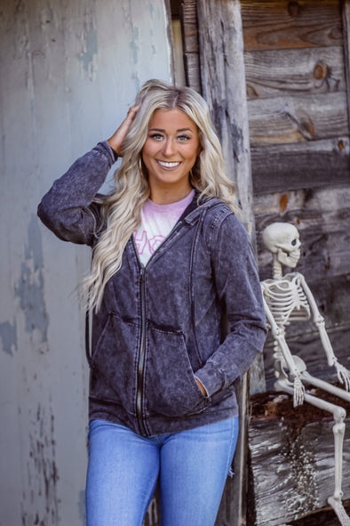 Charcoal Mineral Washed Zip Up Hooded Jacket In Regular & Curvy