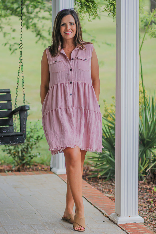 Washed Mauve Button Down Tiered Mini Dress in Regular & Curvy