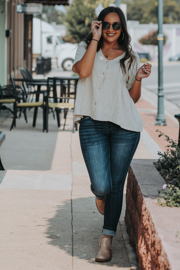 Taupe Button Down Embroidered Blouse