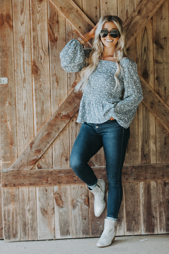 Dusty Blue Ditsy Floral Smocked Top