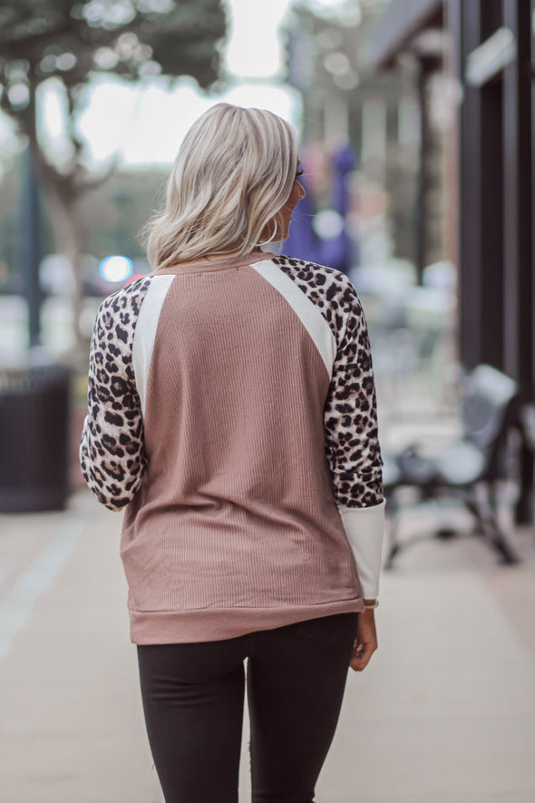 Brown Leopard Contrast Sleeve Top