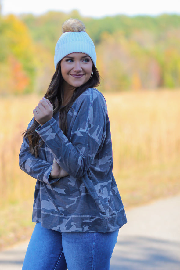 Grey Camo Open Back Knit Top