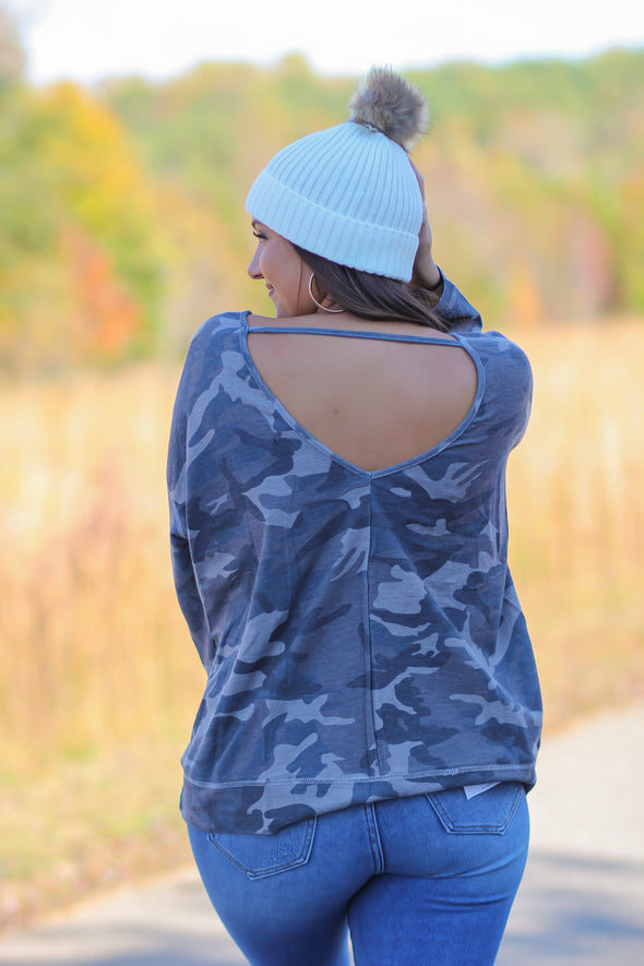 Grey Camo Open Back Knit Top