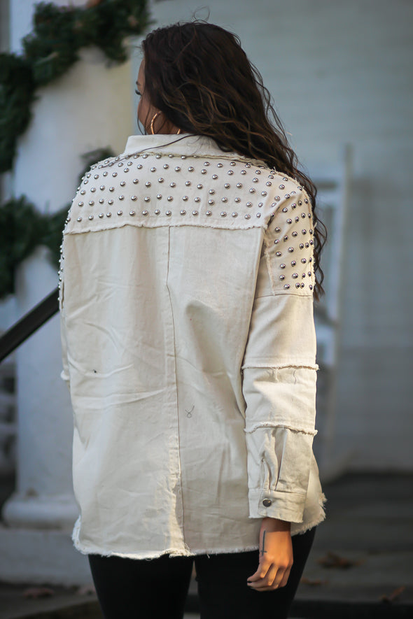 Cream Studded Frayed Hem Button Down Shacket