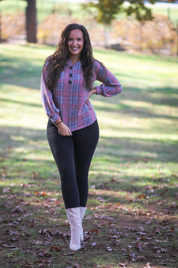 Brick Plaid Henley Brushed Knit Top