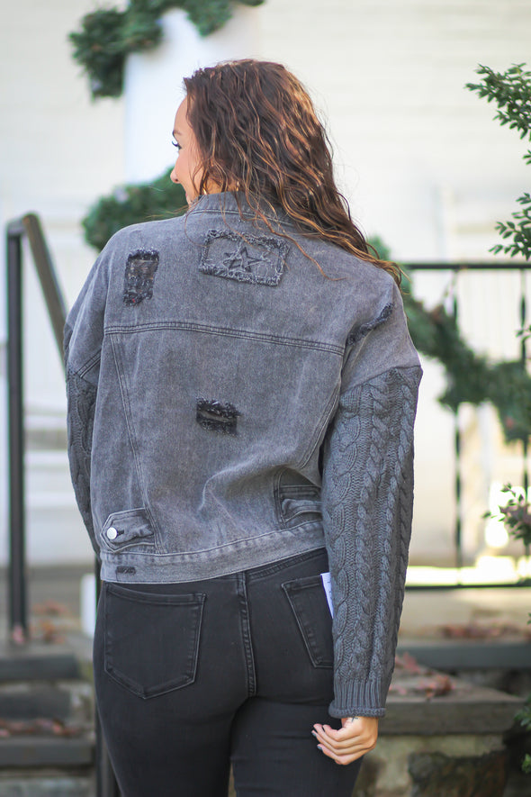 Black Denim & Sweater Contrast Distressed Jacket