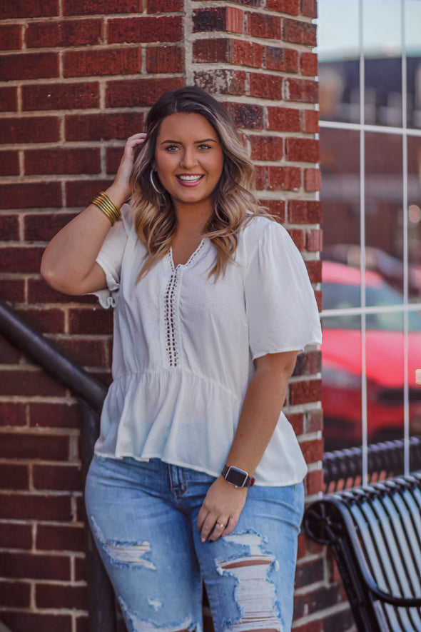 Ivory Textured V Neck Blouse