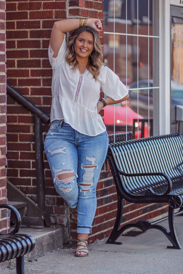 Ivory Textured V Neck Blouse