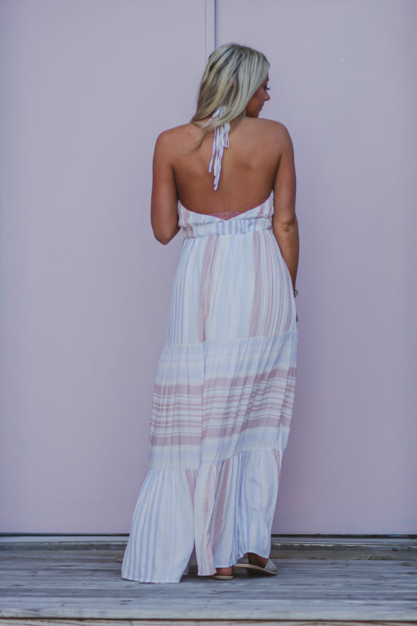 Pastel Multi Stripe Open Back Maxi Dress