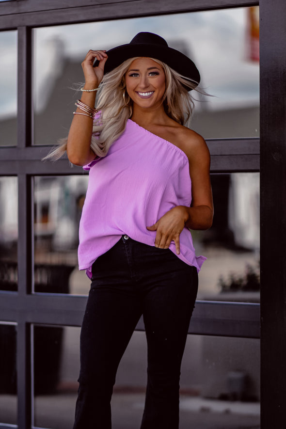 Lilac Solid Ruffle One Shoulder Top in Regular & Curvy