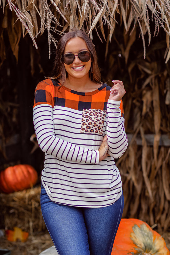 Plaid and Stripe Leopard Pocket Top in Regular and Curvy