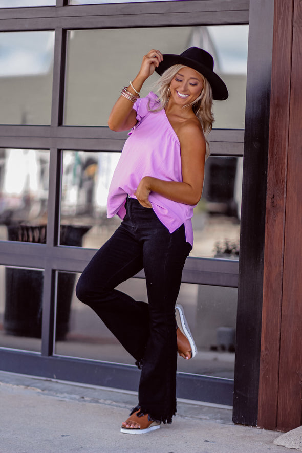 Lilac Solid Ruffle One Shoulder Top in Regular & Curvy