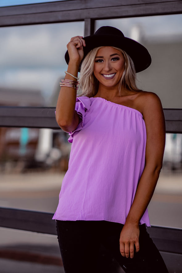 Lilac Solid Ruffle One Shoulder Top in Regular & Curvy