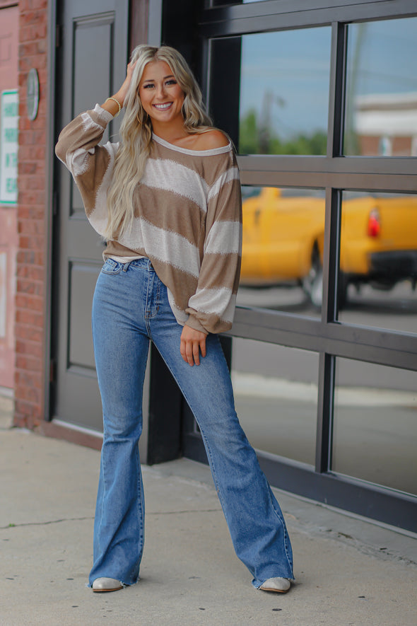 STOREFRONT Mocha & Ivory Stripe Batwing Sleeve Top