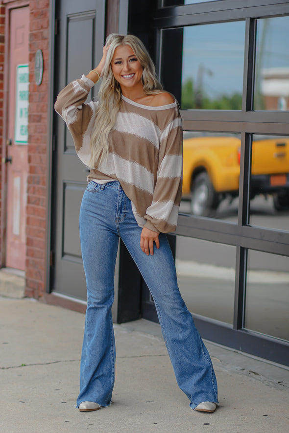 STOREFRONT Mocha & Ivory Stripe Batwing Sleeve Top