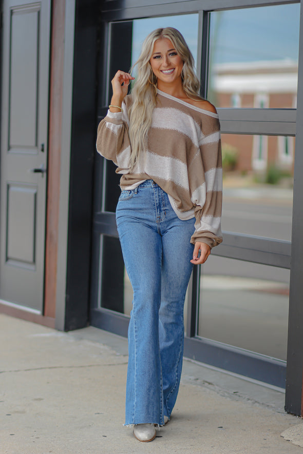 STOREFRONT Mocha & Ivory Stripe Batwing Sleeve Top