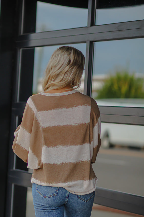 STOREFRONT Mocha & Ivory Stripe Batwing Sleeve Top