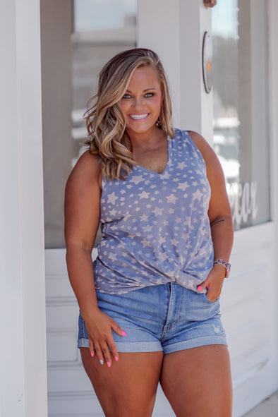 Navy Star Print Sleeveless Front Knot Top