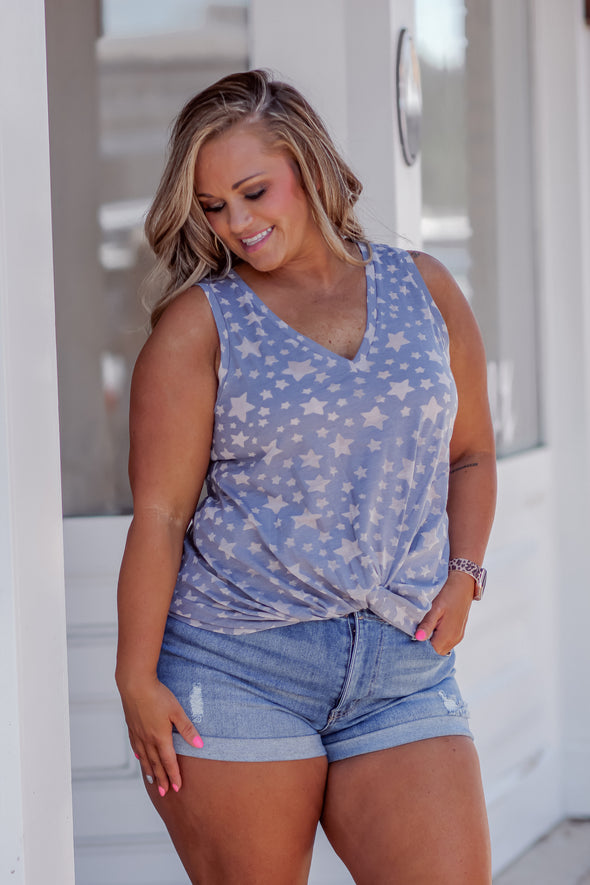 Navy Star Print Sleeveless Front Knot Top