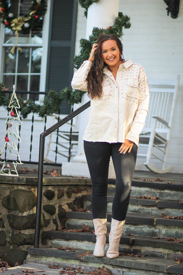 Cream Studded Frayed Hem Button Down Shacket