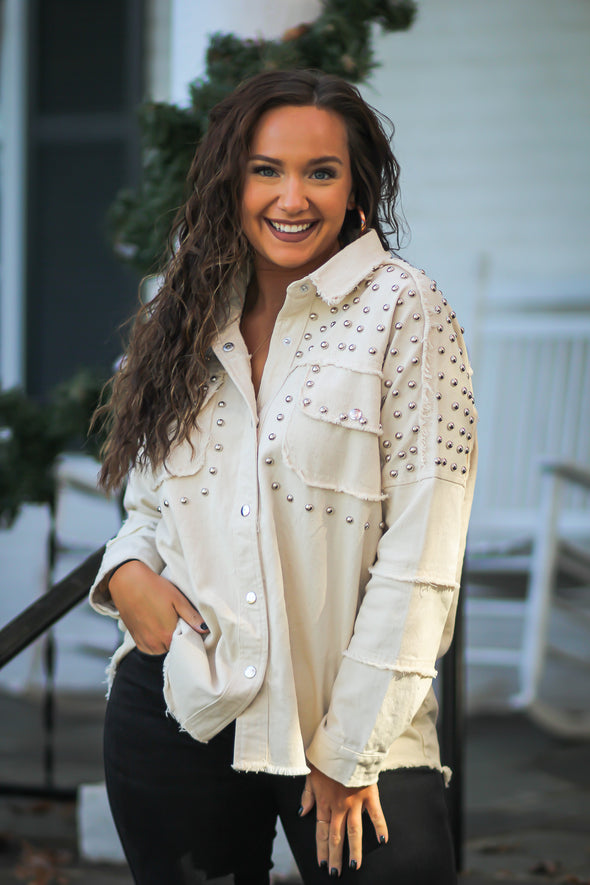 Cream Studded Frayed Hem Button Down Shacket