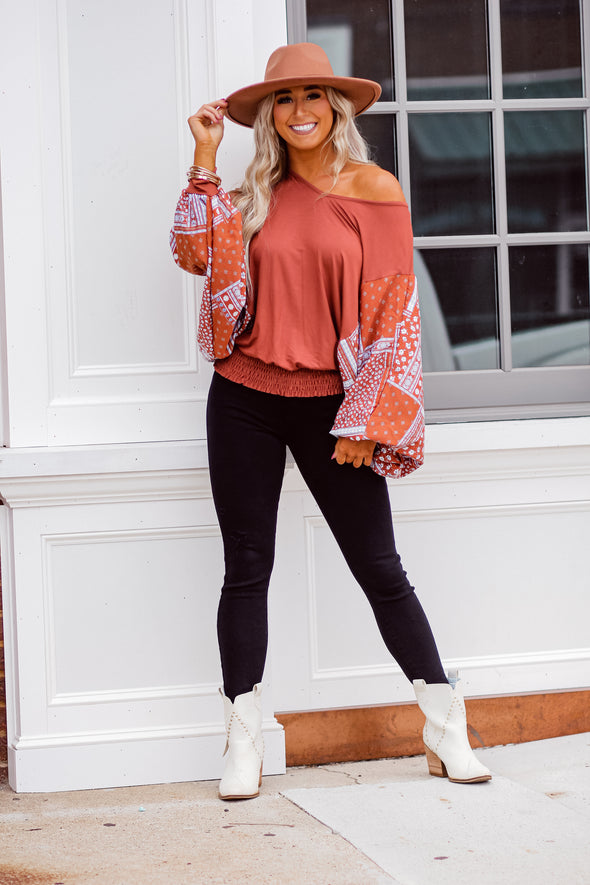 Rust Batwing Paisley Sleeve Tie Back Top